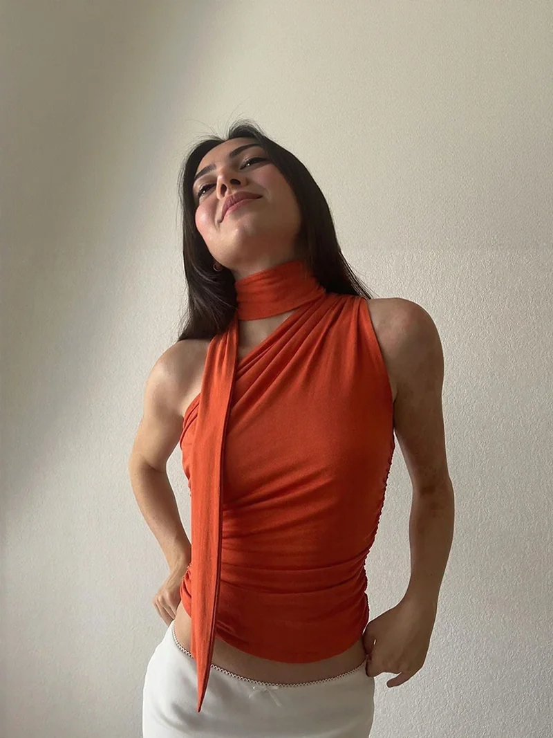 OUTZIDR Orange Neck Tie Up One Shoulder Top