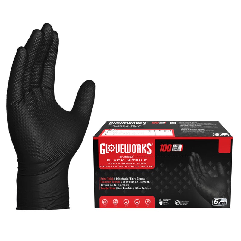 GLOVEWORKS قفازات غلوف ووركس HD نيتريل القابلة للتصرف، 6 مل، خالية من اللاتكس والبودرة، آمنة للطعام، مثالية للاستخدام الصناعي، المنزلي، والسيارات، بنمط الماس، سوداء، كبيرة جداً، علبة من 100 - Image 1