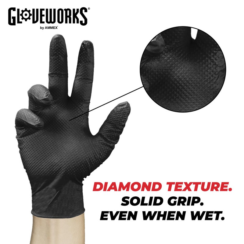 GLOVEWORKS قفازات غلوف ووركس HD نيتريل القابلة للتصرف، 6 مل، خالية من اللاتكس والبودرة، آمنة للطعام، مثالية للاستخدام الصناعي، المنزلي، والسيارات، بنمط الماس، سوداء، كبيرة جداً، علبة من 100 - Image 4