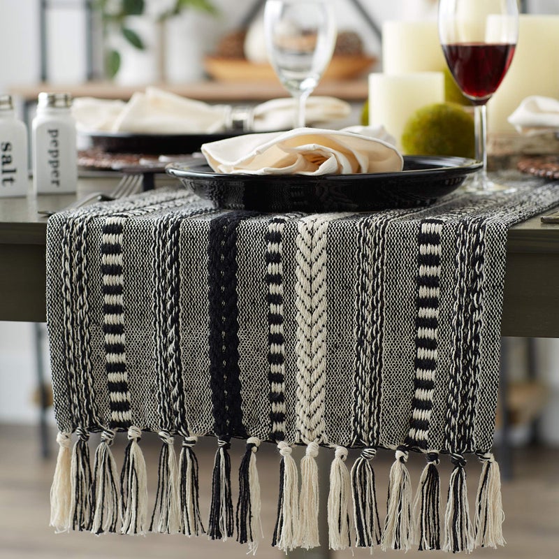 DII Farmhouse Braided Stripe Table Runner Collection, 15x72 (15x77, Fringe Included), Black - Image 4