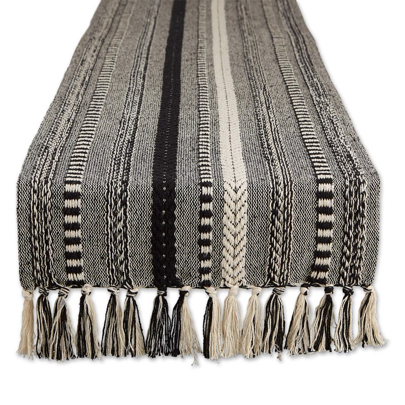 DII Farmhouse Braided Stripe Table Runner Collection, 15x72 (15x77, Fringe Included), Black - Image 1