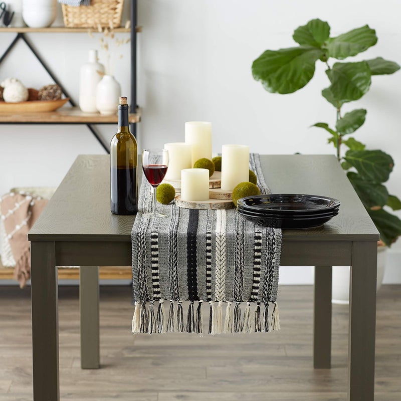 DII Farmhouse Braided Stripe Table Runner Collection, 15x72 (15x77, Fringe Included), Black - Image 5