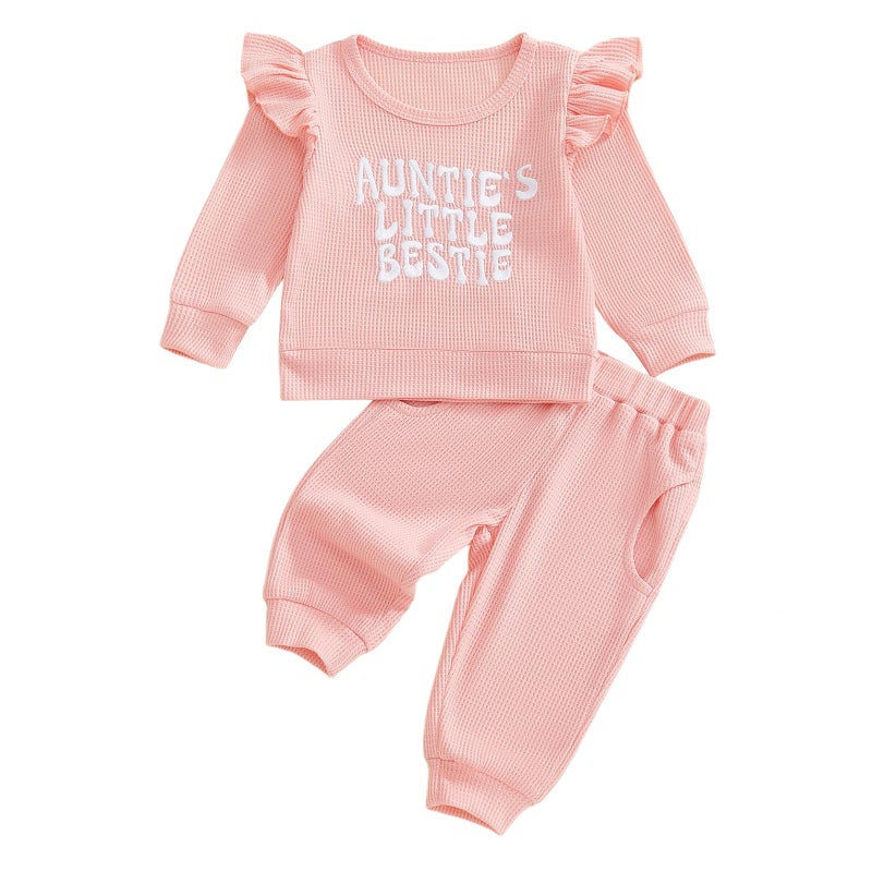 XRTBMN Aunties Bestie Baby Outfit Toddler Girl Long Sleeve Pullover Tops and Waffle Pants Set 2Pcs Infant Fall Winter Clothes (Pink, 12-18 Months) - Image 1