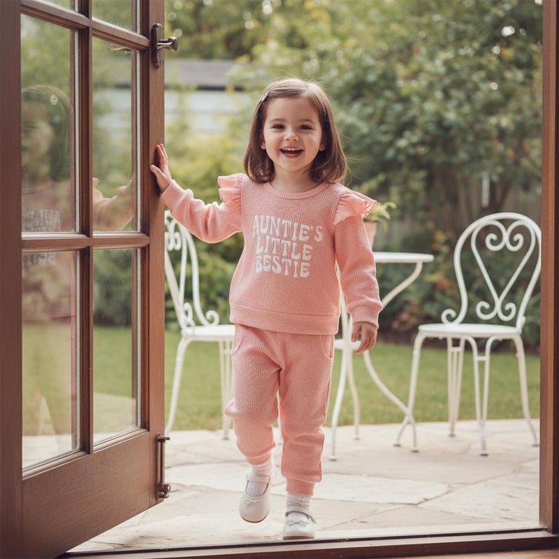 XRTBMN Aunties Bestie Baby Outfit Toddler Girl Long Sleeve Pullover Tops and Waffle Pants Set 2Pcs Infant Fall Winter Clothes (Pink, 12-18 Months) - Image 2