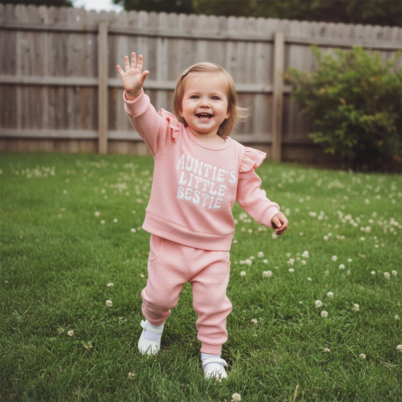 XRTBMN Aunties Bestie Baby Outfit Toddler Girl Long Sleeve Pullover Tops and Waffle Pants Set 2Pcs Infant Fall Winter Clothes (Pink, 12-18 Months) - Image 3