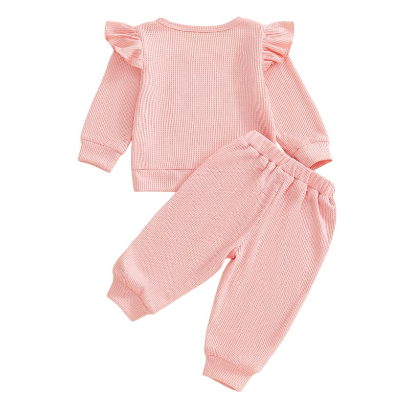 XRTBMN Aunties Bestie Baby Outfit Toddler Girl Long Sleeve Pullover Tops and Waffle Pants Set 2Pcs Infant Fall Winter Clothes (Pink, 12-18 Months) - Image 4