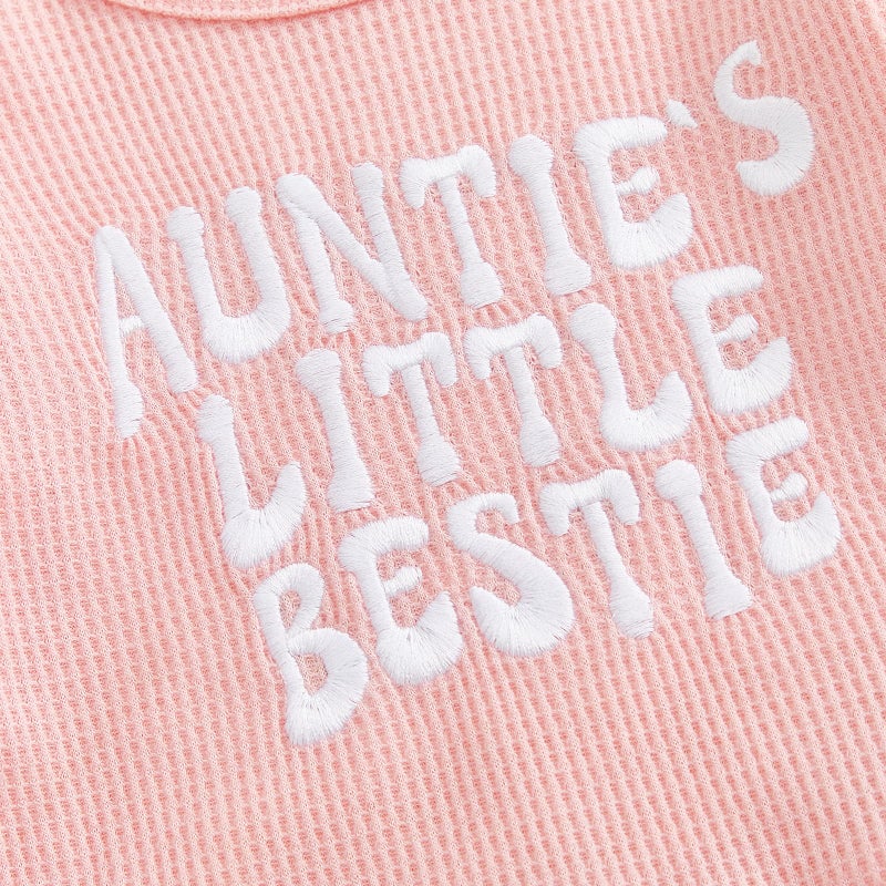 XRTBMN Aunties Bestie Baby Outfit Toddler Girl Long Sleeve Pullover Tops and Waffle Pants Set 2Pcs Infant Fall Winter Clothes (Pink, 12-18 Months) - Image 5