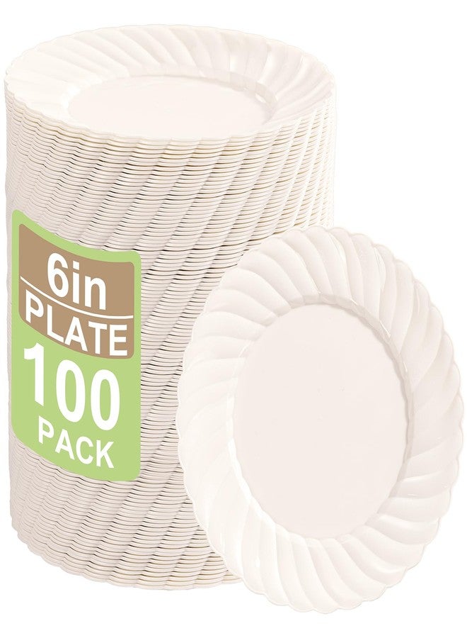 U-QE 100 Count 6 Inch Ivory Plastic Plates - Scalloped Dessert Plates Disposable - Premium Hard Fancy Disposable Heavy Duty Party Supplies for Birthdays, Celebrations, Weddings and Events - Image 1