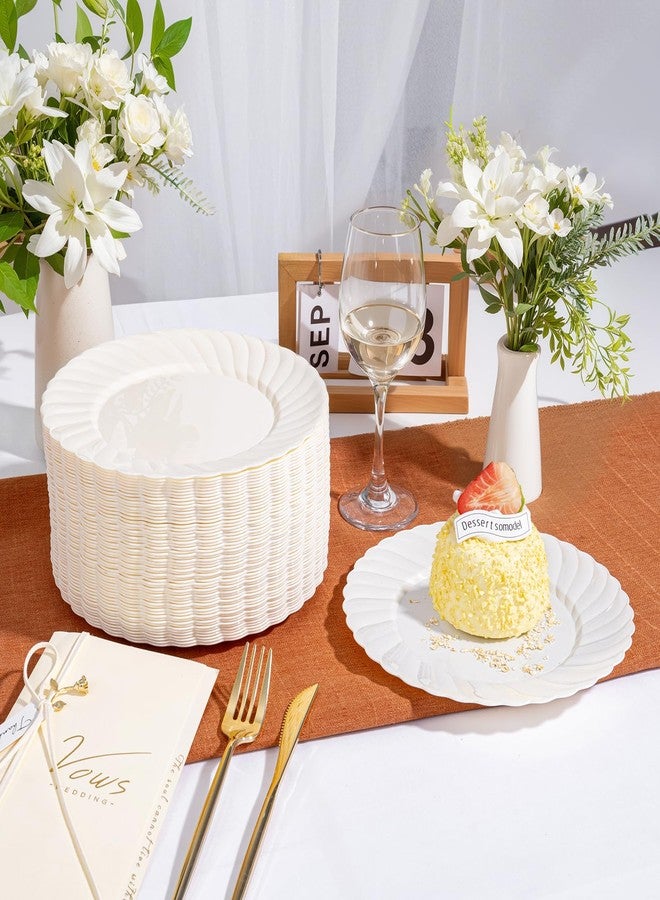 U-QE 100 Count 6 Inch Ivory Plastic Plates - Scalloped Dessert Plates Disposable - Premium Hard Fancy Disposable Heavy Duty Party Supplies for Birthdays, Celebrations, Weddings and Events - Image 3