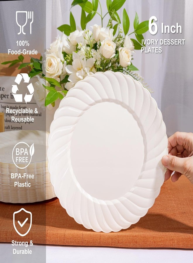 U-QE 100 Count 6 Inch Ivory Plastic Plates - Scalloped Dessert Plates Disposable - Premium Hard Fancy Disposable Heavy Duty Party Supplies for Birthdays, Celebrations, Weddings and Events - Image 2