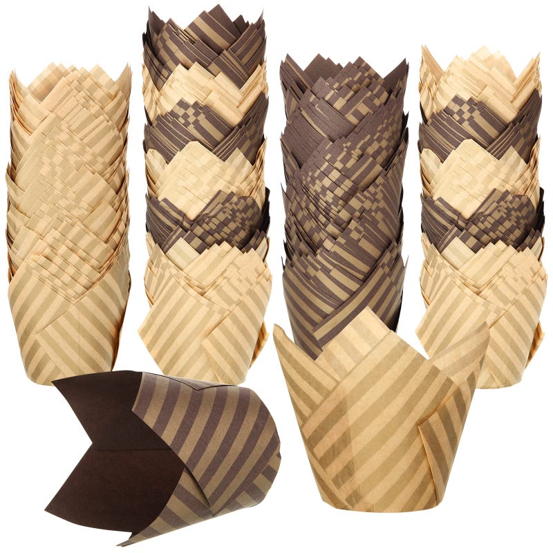 Chengu Chengu 400 Pcs Tulip Cupcake Liners Baking Cups Tulip Muffin Liners Wrappers Greaseproof Baking Cups Holders for Christmas Wedding Birthday Baby Shower Party SuppliesBeige Brown Stripes 