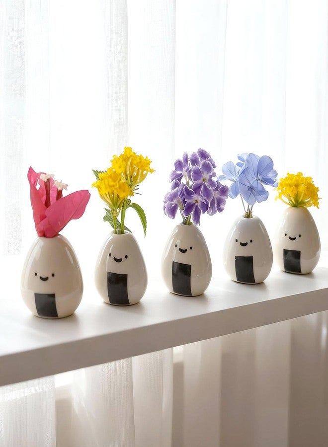 Tnstbiee 5 PCS Mini Onigiri Flower Vase Set - Cute Japanese Handmade Bud Vases Bulk for Dried Flowers, Small Centerpiece Vase for Coffee Table Living Room Home Decor, Unique Japandi Tiny Ceramic Vases - Image 1