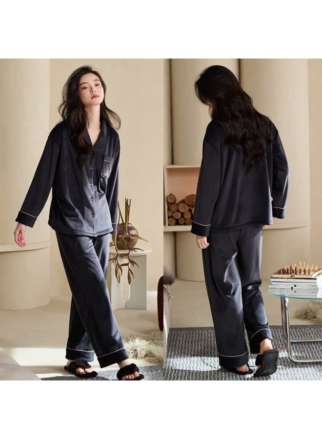 Xulen Couples Pajamas Women Autumn Winter Warm Island Fleece Men's Homewear Set 63327 Bentley Black - Women L