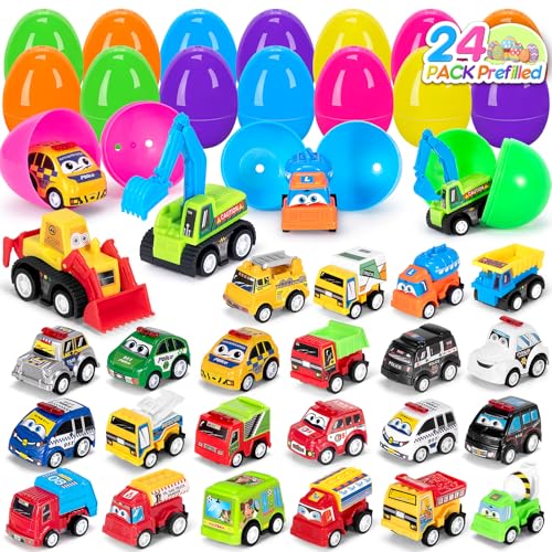 SUGFUT 24 PCS Prefilled Easter Eggs with Toys Pull Back Cars Easter Basket Stuffers for Toddler Gifts for Kids Easter Party Favors - Image 1