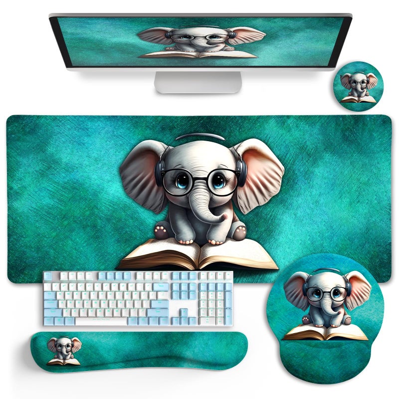 LIMKRIAN Desk Mat Pad, Large Gaming Mouse Pad with Wrist Rest Wrist Support, Ergonomic Mouse Pad Keyboard Mat Wrist Rest, Cup Coaster, Home Office Desk Accessories Decor Supplies, Cute Elephant - Image 1