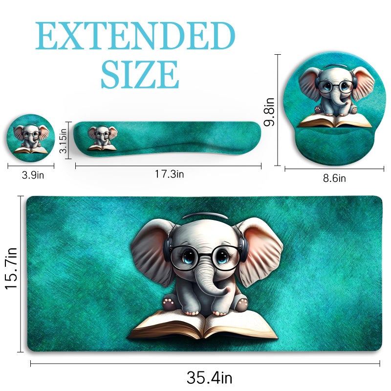 LIMKRIAN Desk Mat Pad, Large Gaming Mouse Pad with Wrist Rest Wrist Support, Ergonomic Mouse Pad Keyboard Mat Wrist Rest, Cup Coaster, Home Office Desk Accessories Decor Supplies, Cute Elephant - Image 3