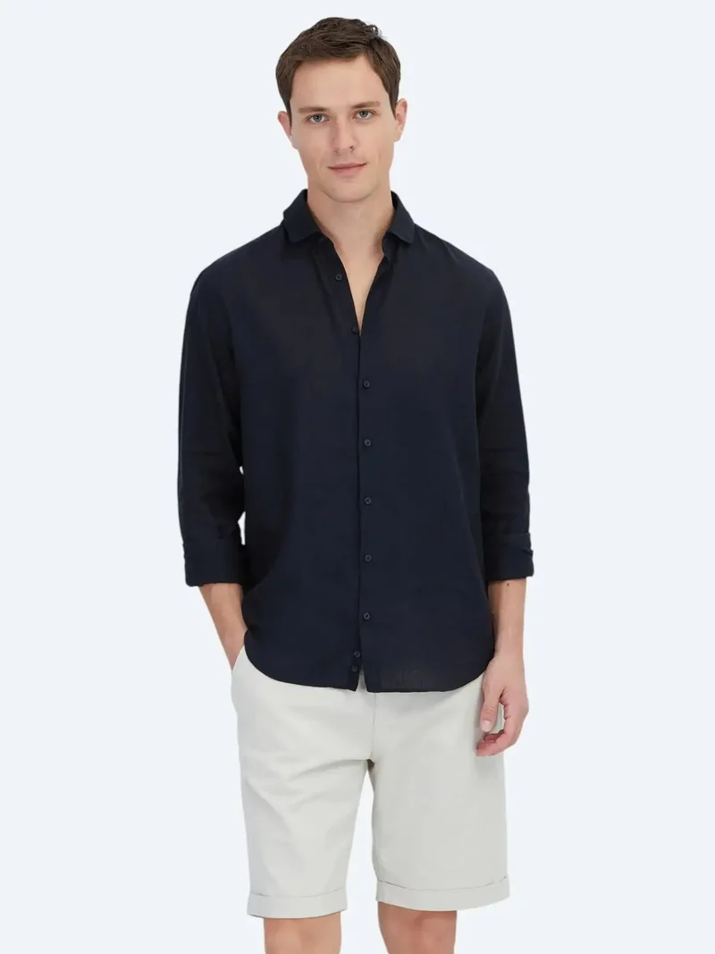 كيب قميص قطني سادة بلون كحلي بقصة عادية