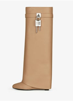 Loquat Women's Stylish  Fold Over Knee High Boots Pointed Toe Wedge Heels Long Boots Apricot 