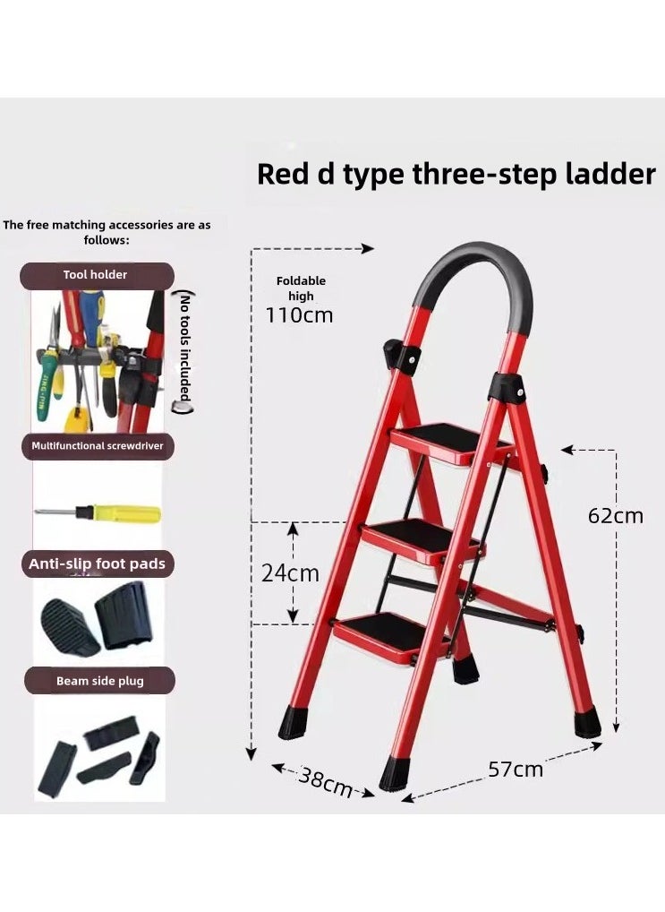 RUIYADA - 3 Step Foldable Ladder Home Ladder with Wide Anti-Slip Pedal Portable Sturdy Steel Ladder with Handrails for Home and Kitchen 330 lbs Capacity Red+Black - Image 1