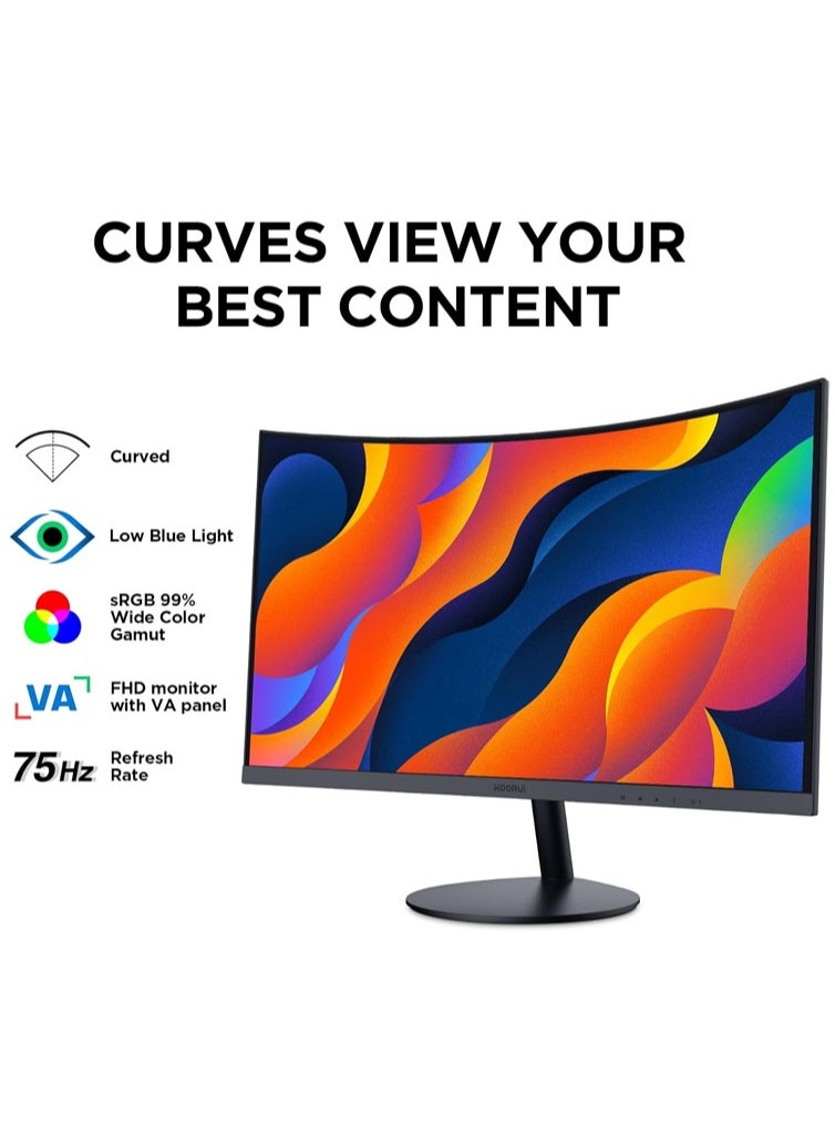 كوروي شاشة كمبيوتر منحنية KOORUI بحجم 27 بوصة - دقة Full HD 1080P، 75Hz، شاشة ألعاب LED، منافذ HDMI و VGA، تعديل للإمالة، حماية للعين، باللون الأسود | 27N5CA  - Image 2
