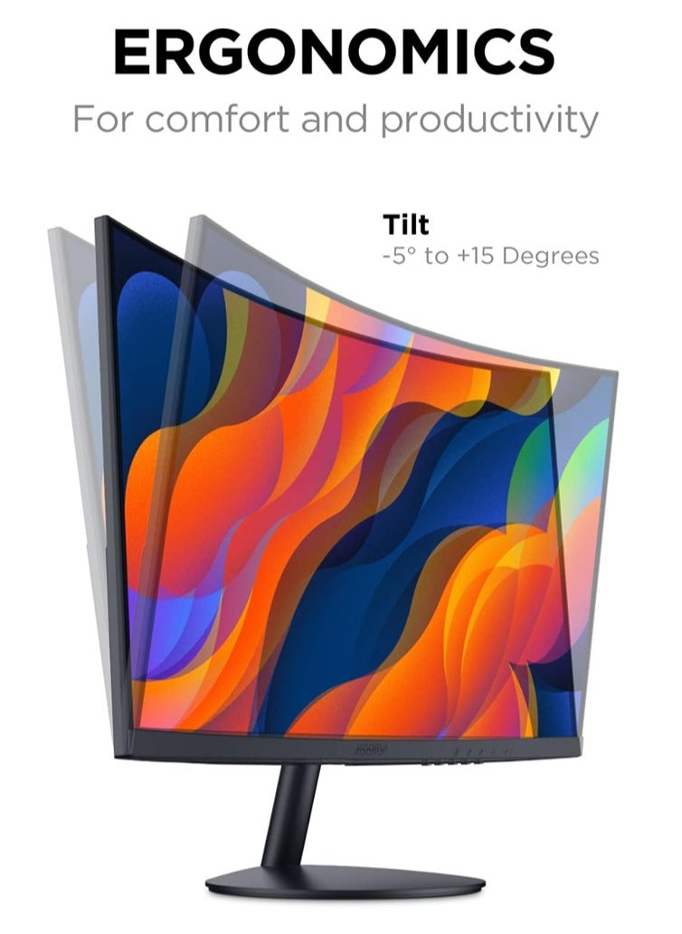 كوروي شاشة كمبيوتر منحنية KOORUI بحجم 27 بوصة - دقة Full HD 1080P، 75Hz، شاشة ألعاب LED، منافذ HDMI و VGA، تعديل للإمالة، حماية للعين، باللون الأسود | 27N5CA  - Image 3