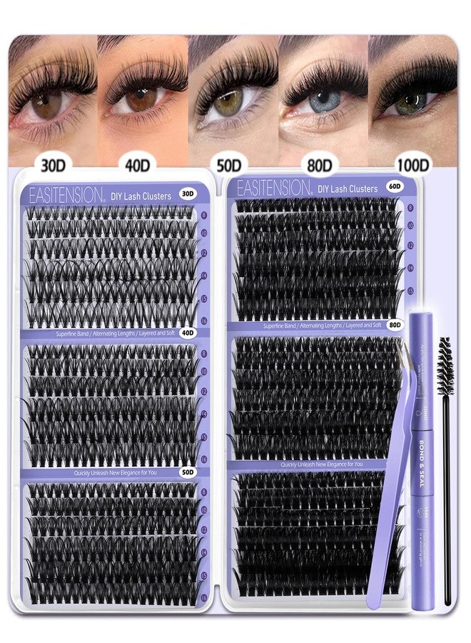 EASITENSION DIY Lash Clusters Kit 30-100D Volume Eyelash Extension Kit 8-16mm Thick Individual Lashes 708pcs with Lash Bond and Seal, Lash Tweezers, lash brush,Super Thin Band Eyelashes - Image 1