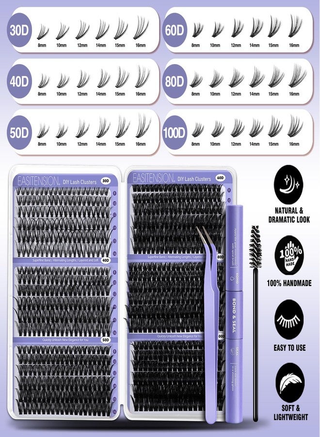 EASITENSION DIY Lash Clusters Kit 30-100D Volume Eyelash Extension Kit 8-16mm Thick Individual Lashes 708pcs with Lash Bond and Seal, Lash Tweezers, lash brush,Super Thin Band Eyelashes - Image 4
