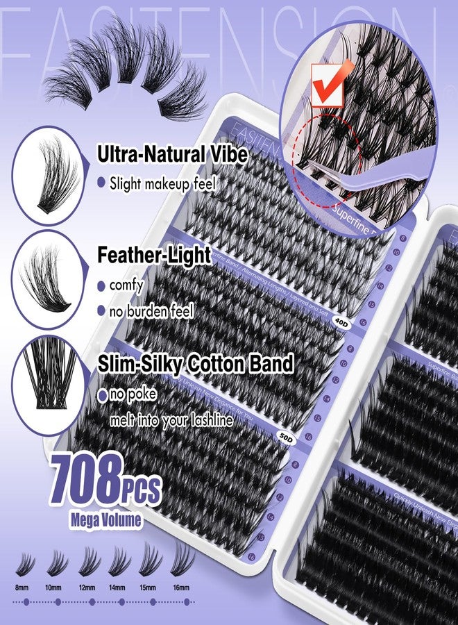 EASITENSION DIY Lash Clusters Kit 30-100D Volume Eyelash Extension Kit 8-16mm Thick Individual Lashes 708pcs with Lash Bond and Seal, Lash Tweezers, lash brush,Super Thin Band Eyelashes - Image 2