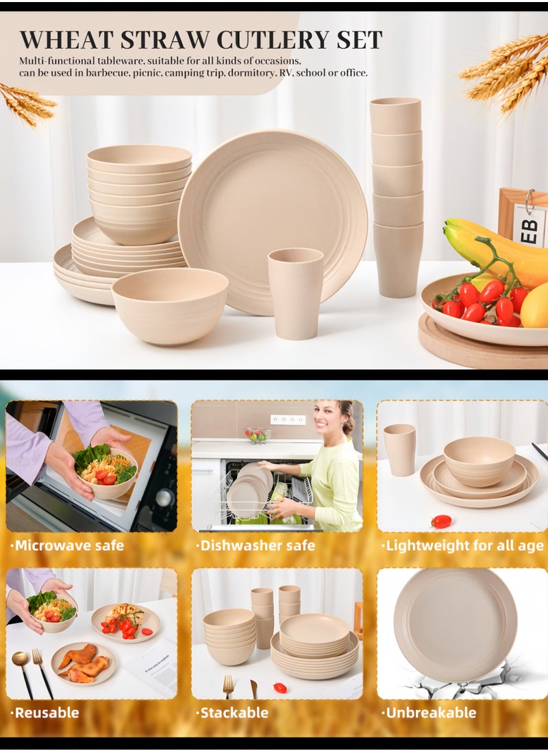 nihao 32-piece Dinner Set, Wheat Straw Bowls, Plates, Cups Dinnerware Set, Service for 8, Dinner Plates, Dessert Plate, Cereal Bowls, Cups, Unbreakable Colorful Plastic Outdoor Camping Dishes, Coastal Beige  - Image 5