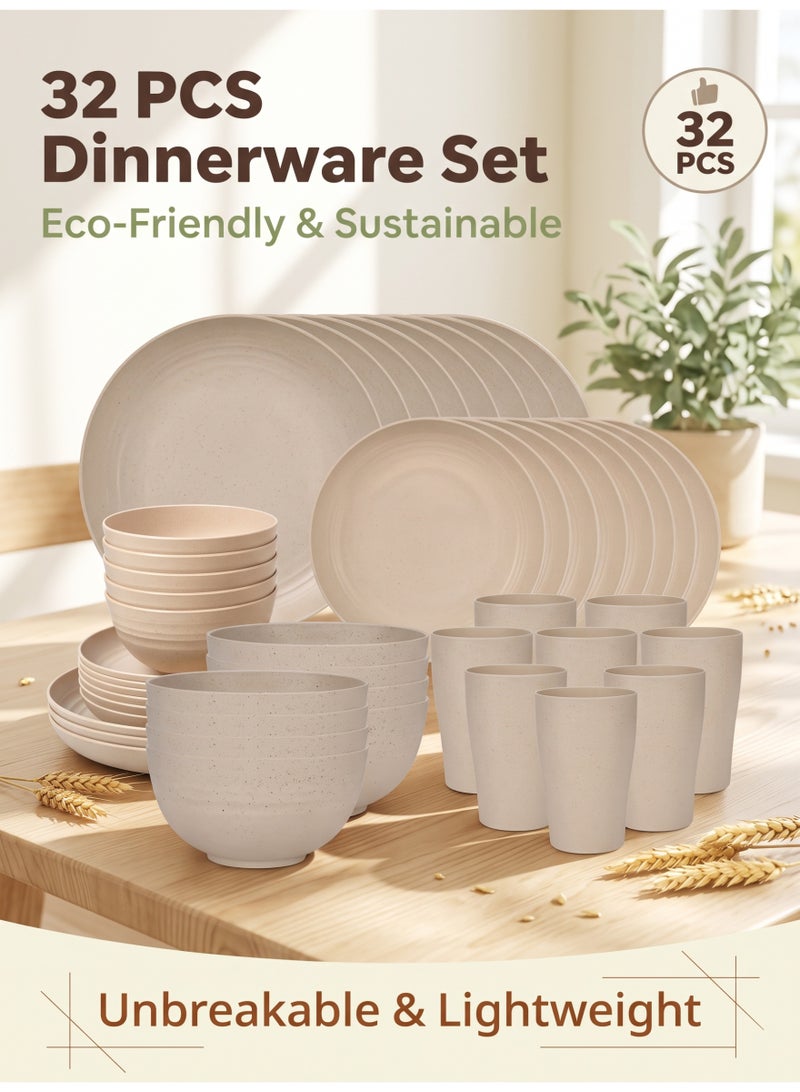 nihao 32-piece Dinner Set, Wheat Straw Bowls, Plates, Cups Dinnerware Set, Service for 8, Dinner Plates, Dessert Plate, Cereal Bowls, Cups, Unbreakable Colorful Plastic Outdoor Camping Dishes, Coastal Beige - Image 1