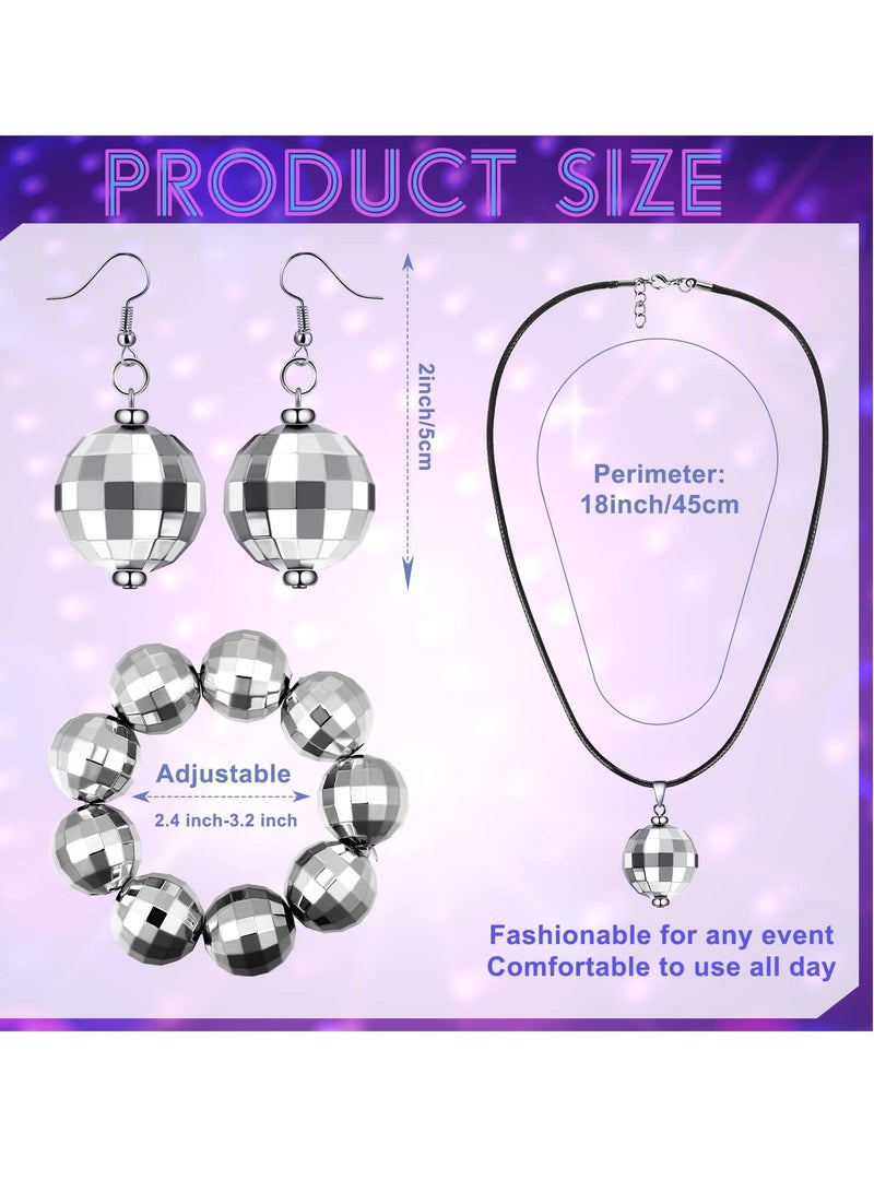 1970s Disco Accessories Disco Set, 5 Pcs Disco Costumes Set, Afro Wig Disco Ball Earrings Necklace Bracelet and Sunglasses for Women Daily (Black + Silver)  - Image 2