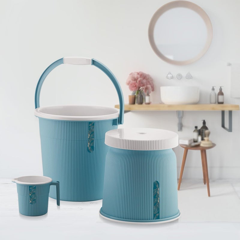 Nabhya Combo of 3 pcs Bathroom Accessories Set Plastic Bathroom Set with 20Ltr Plastic Bucket, Small Mug and Big Stool for Home, Kitchen & Bathroom (Blue) - Image 1