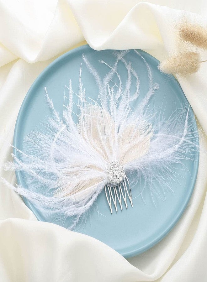 Latious Flapper Feather Hair Comb White Crystal Bridal 1920s Hair Clip Fascinator Hair Accessories for Women - Image 2
