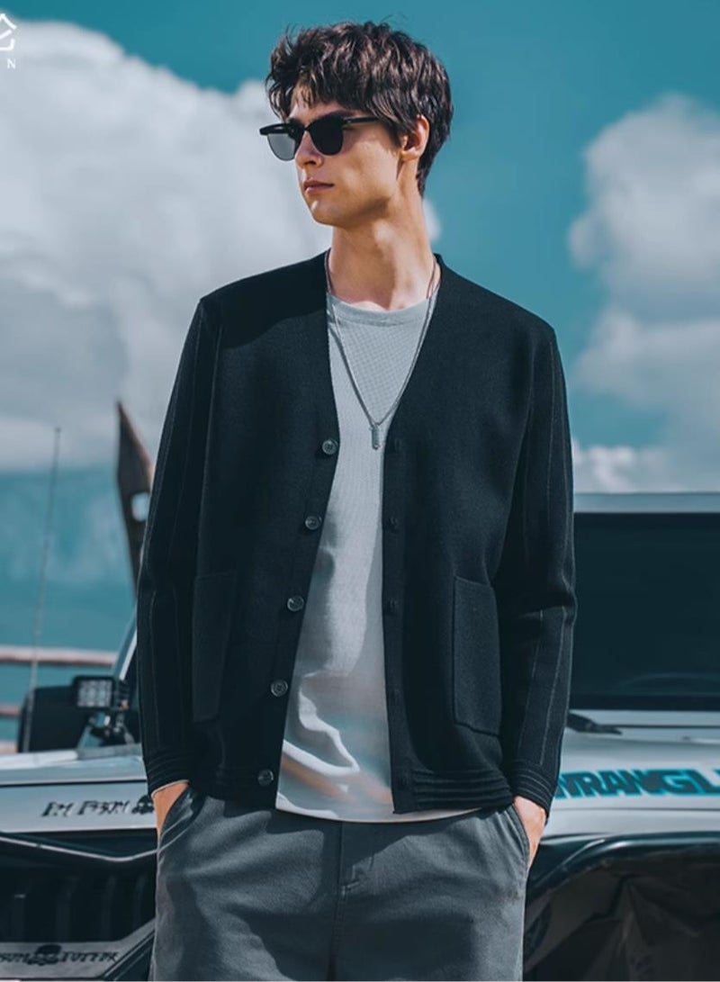 Men's Core Spun Yarn With Knitted V-Neck Cardigan Sweater Jacket  - Image 1