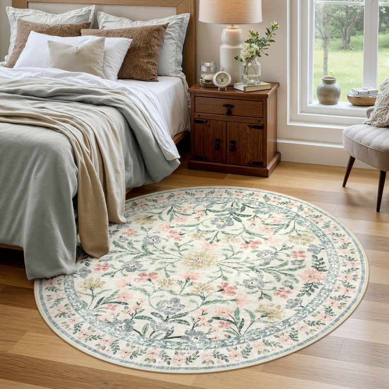 Wonnitar Round Washable Rug, Soft Floral Round Rugs 5ft Circle Carpets for Bedroom Ultra-Thin, Boho Beige Print Distressed Circular Carpet for Living Room Dorm Bedside - Image 1