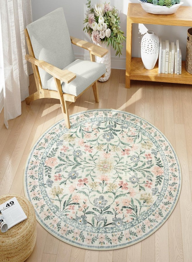 Wonnitar Round Washable Rug, Soft Floral Round Rugs 5ft Circle Carpets for Bedroom Ultra-Thin, Boho Beige Print Distressed Circular Carpet for Living Room Dorm Bedside - Image 2