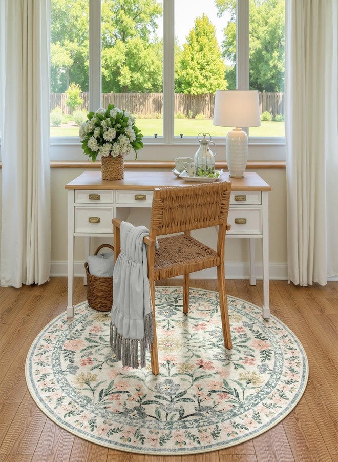 Wonnitar Round Washable Rug, Soft Floral Round Rugs 5ft Circle Carpets for Bedroom Ultra-Thin, Boho Beige Print Distressed Circular Carpet for Living Room Dorm Bedside - Image 3