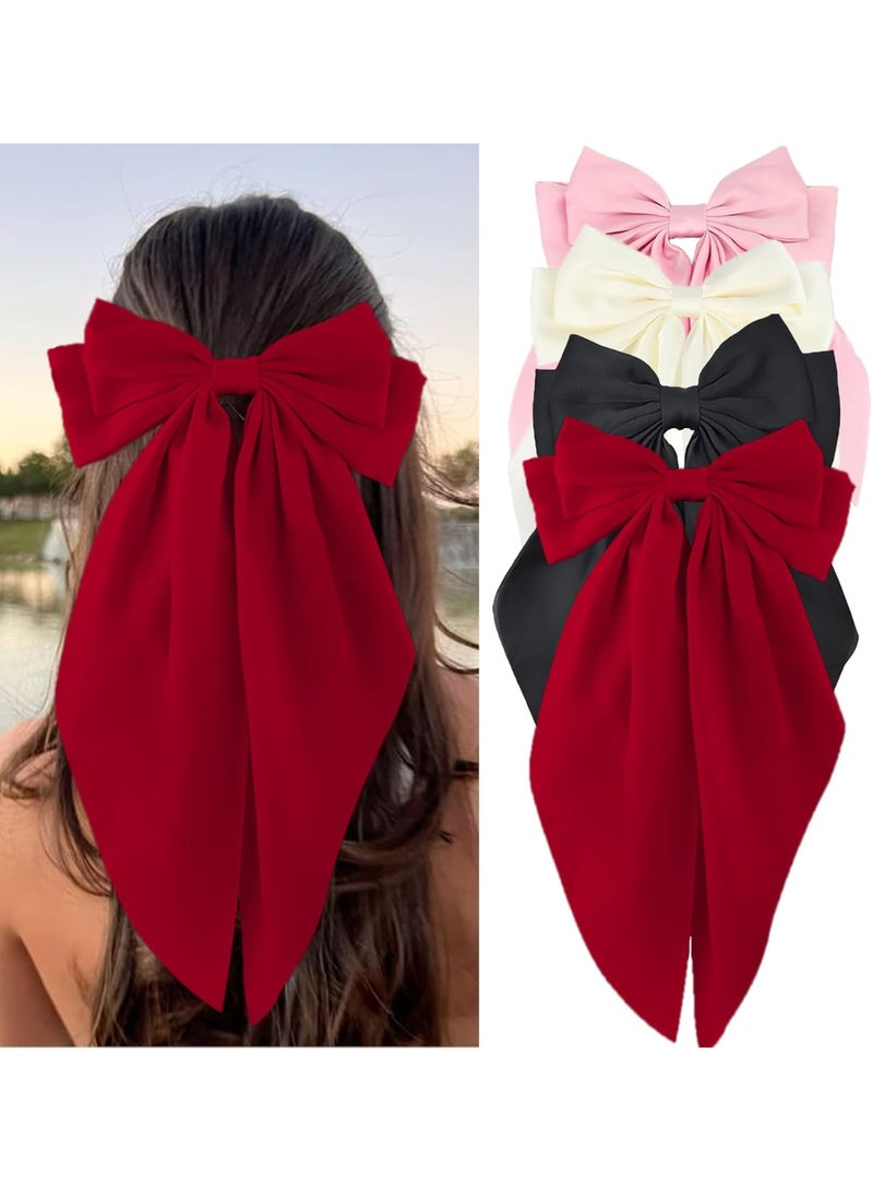 توك شعر مشابك شعر كبيرة للنساء، فيونكات بشريط طويل من الساتان الناعم، اكسسوارات شعر حريرية بمشبك معدني، من فيليرنج (4ألوان)