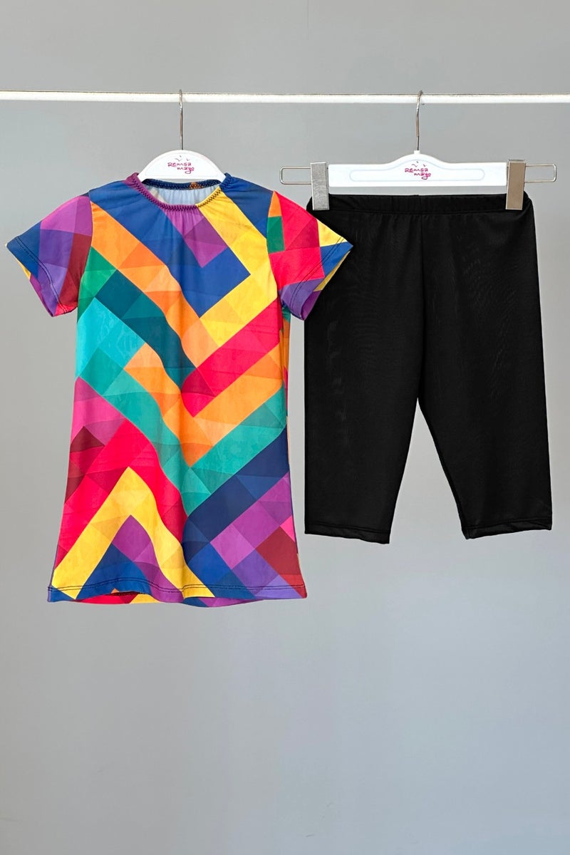 Remsa Mayo Remsa Swimsuit Girls Short Sleeve Lycra Tights Semi Covered Swimsuit R5001 Tetris  - Image 1