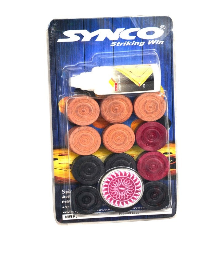 Synco Carrom Coins with Striker and Carrom Powder Set, Wooden Coins, Striker Boric Powder Combo - Image 1