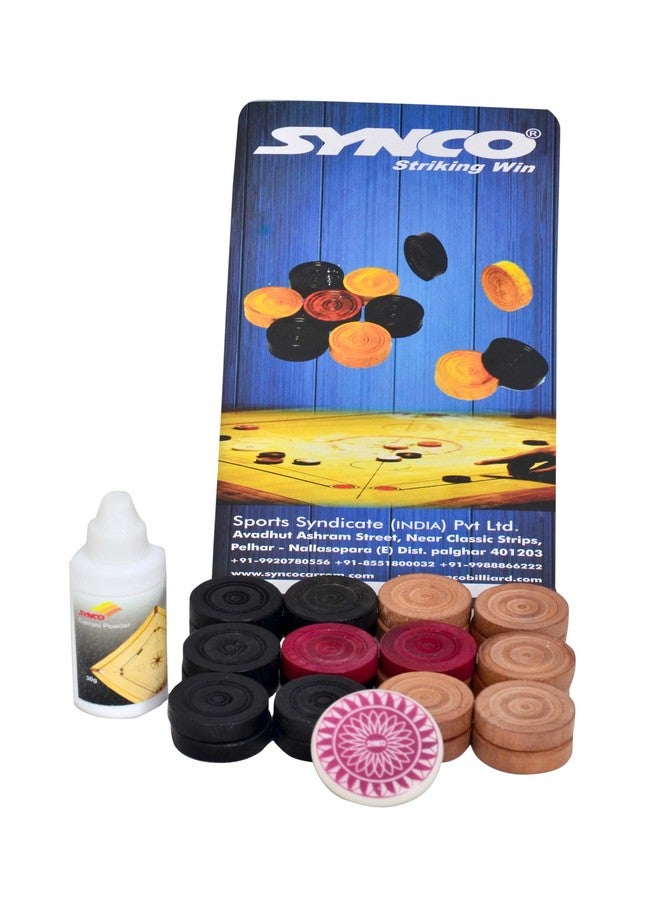 Synco Carrom Coins with Striker and Carrom Powder Set, Wooden Coins, Striker Boric Powder Combo - Image 2