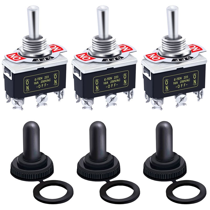 Twidec /3Pcs Heavy Duty Rocker Momentary Toggle Switch 16A 250V AC DPDT 3 Position 6 Pin (ON)-Off-(ON) Switch with Metal Bat Waterproof Boot Cap Cover Ten-223-B223 - Image 1