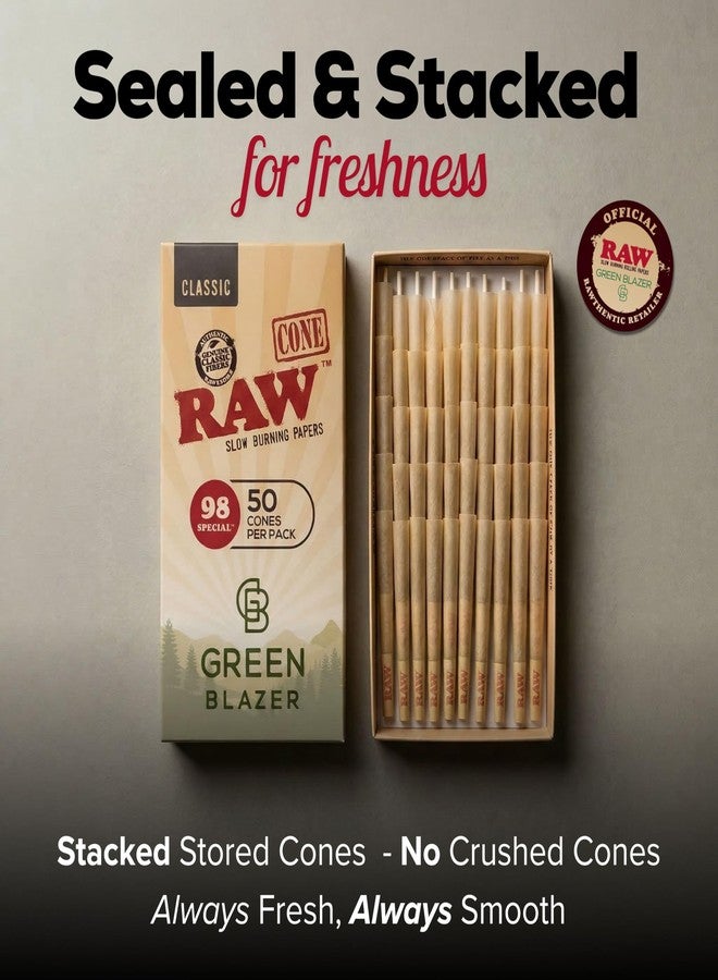 RAW Cones 98 Special: 50 Pack Patented Slow Burning Pre Rolled Cones Rolling Papers & Tips - All Natural Classic Rawthentic Paper, 98mm - Image 4