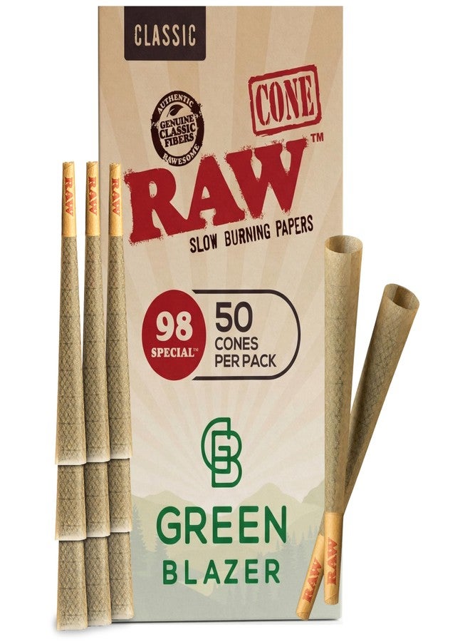 RAW Cones 98 Special: 50 Pack Patented Slow Burning Pre Rolled Cones Rolling Papers & Tips - All Natural Classic Rawthentic Paper, 98mm - Image 1