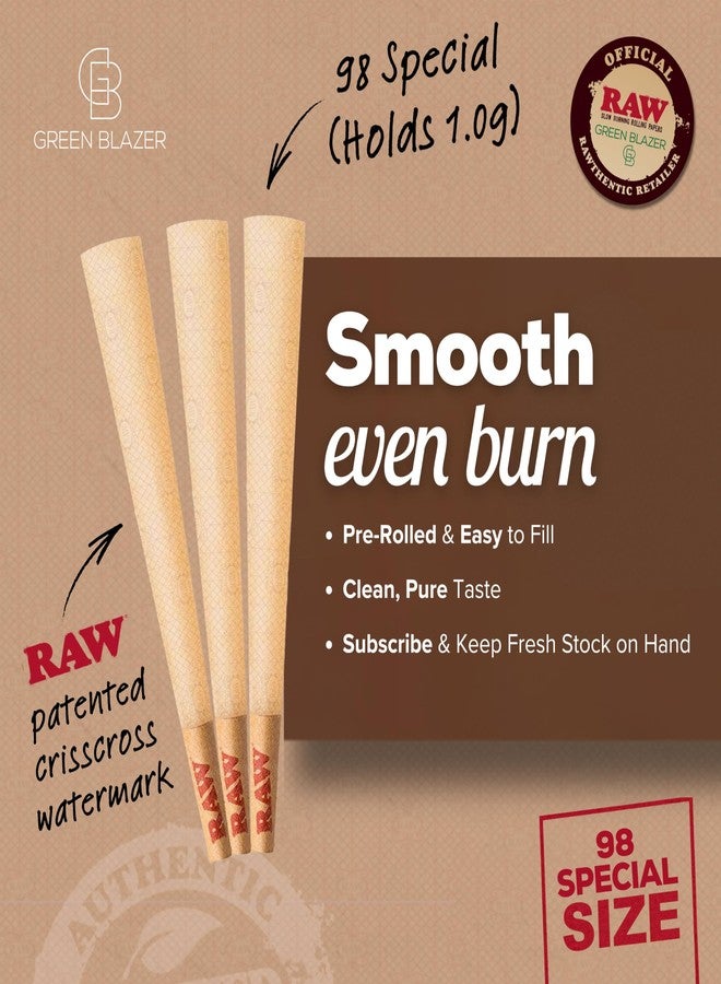 RAW Cones 98 Special: 50 Pack Patented Slow Burning Pre Rolled Cones Rolling Papers & Tips - All Natural Classic Rawthentic Paper, 98mm - Image 3