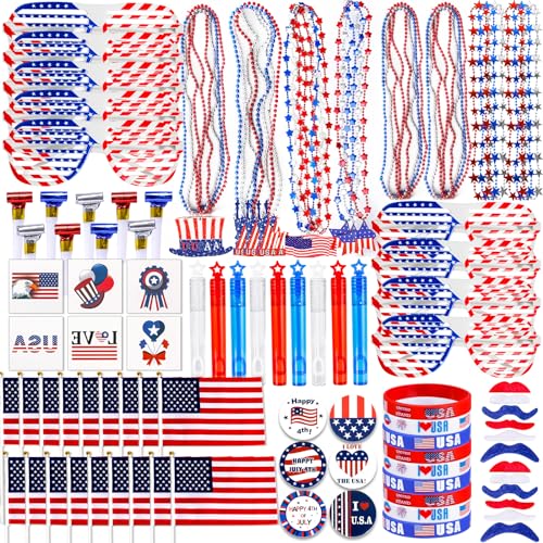 MGparty 150 Pcs 4th of July Patriotic Accessories for Kids Fourth of July Party Favor Supplies Independence Day Memorial Day Decor Dressingup Accessories Classroom Prizes for Students - Image 1