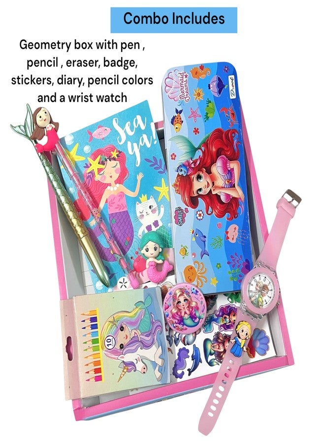 TOOYEP Birthday Gift for Brothers & Sisters I Rakhi Stationary Set for Kids, 7 in 1 School Supplies with Watch, Pencil Case, Diary, Pen, Pencil, Eraser I Cute Stylish Combo Gift Pack (Mermaid) - Image 2