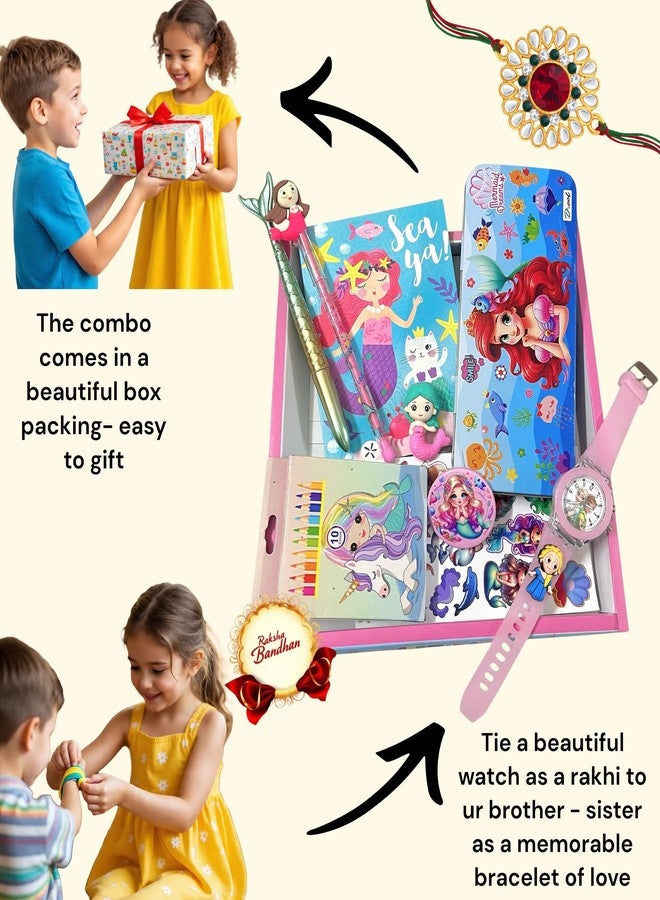 TOOYEP Birthday Gift for Brothers & Sisters I Rakhi Stationary Set for Kids, 7 in 1 School Supplies with Watch, Pencil Case, Diary, Pen, Pencil, Eraser I Cute Stylish Combo Gift Pack (Mermaid) - Image 3