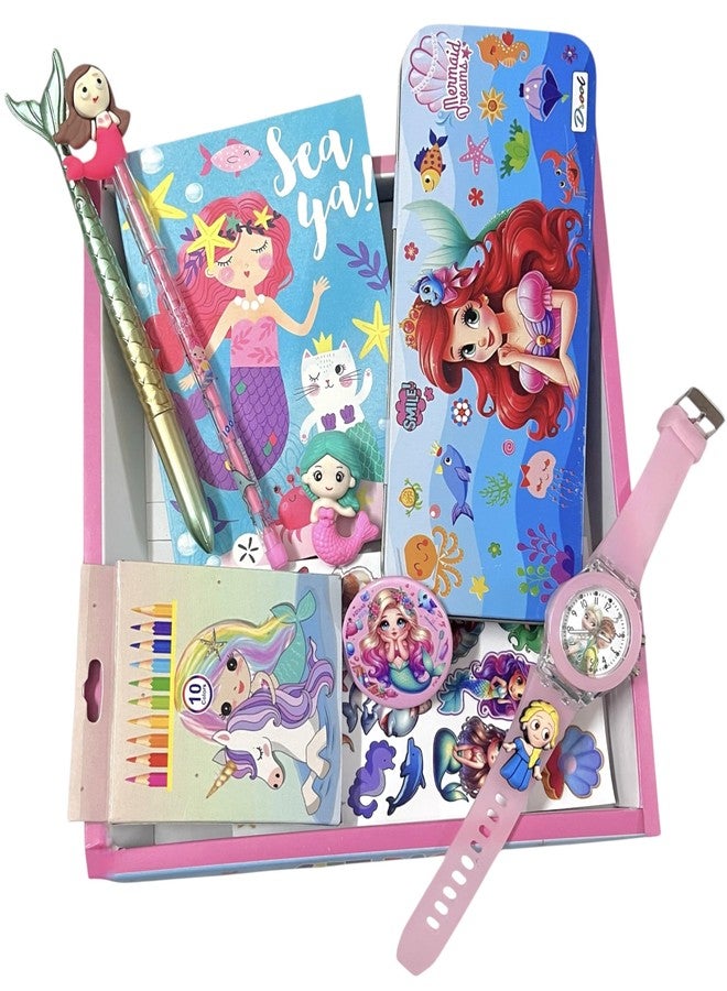 TOOYEP Birthday Gift for Brothers & Sisters I Rakhi Stationary Set for Kids, 7 in 1 School Supplies with Watch, Pencil Case, Diary, Pen, Pencil, Eraser I Cute Stylish Combo Gift Pack (Mermaid) - Image 1