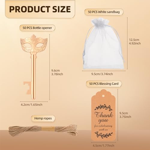 KaGrbves 50 Pieces Mask Design Bottle Openers - Masquerade Party Favors and Decorations, Beautiful Centerpieces for Tables, Ideal Gifts for Guests with Thank You Tags and Gift Bags - Image 2